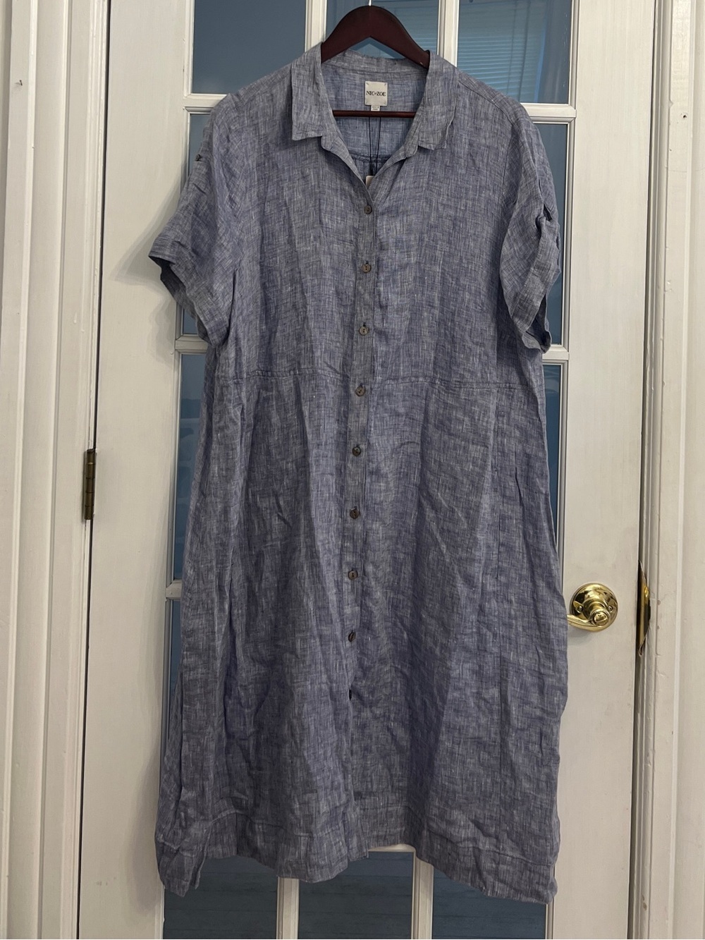 NIC+ZOE Women’s Indigo Blue Linen Button Front Collared Midi Shirt Dress Plus 1X